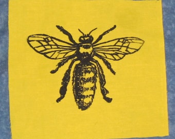 Honey Bee Patch -  Black Ink on Yellow Fabric - bee patch, Silkscreen Screenprint Drawing diagram Insect Bug Critter Punk Animal Patch honey