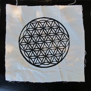 Sacred Geometry - Large Flower of Life Patch - Black on White Canvas - Large Back or Bag Patch Screenprint, psychedelic trance, goatrance