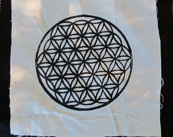 Sacred Geometry - Large Flower of Life Patch - Black on White Canvas - Large Back or Bag Patch Screenprint, psychedelic trance, goatrance