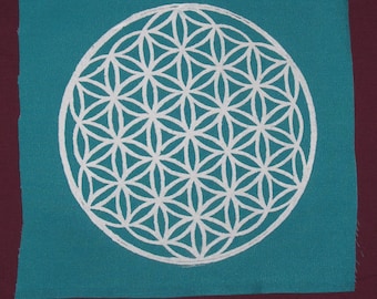 Duży-Flower życia patch-biały tusz na Turqoiuse płótnie-duży patch punk-limitowana edycja-Pagan, natura, plamy okultyzmu