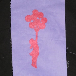 May include: A pink silhouette of a child holding a bunch of pink balloons against a purple background.