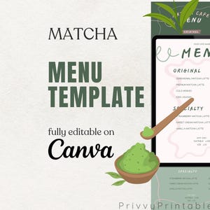 May include: A matcha menu template with a digital tablet displaying a cafe menu. The menu features matcha latte options and is fully editable on Canva. The design includes matcha powder, a spoon, and decorative leaves.