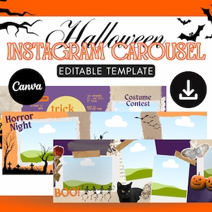 Puede incluir: Una plantilla de carrusel de Instagram con temática de Halloween, con una combinación de colores naranja y blanco. El diseño incluye calabazas, murciélagos y el texto "Halloween Instagram Carousel Editable Template". La plantilla está diseñada para Canva.