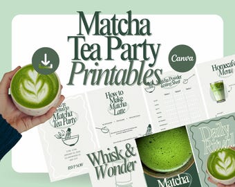 Matcha Tea Party Invitation Bundle, Recipe Cards Art Prints (Canva Editable, Digital Download)