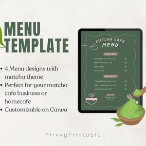 May include: A digital menu template with a matcha theme. The design features a tablet displaying a matcha cafe menu, a wooden spoon with matcha, and a bowl of matcha. Text includes "Menu Template" and "Matcha Cafe Menu."