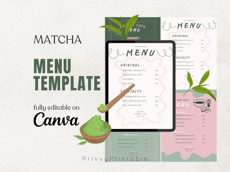 Matcha Cafe Menu Printable Canva Template Custom Editable Branding Kit Business Coffee Shop Restaurant Homecafe Green Tea Drinks Menu Design Green Pink Aesthetic