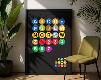 May include: Black framed print featuring a colorful subway-style alphabet and number design. The letters and numbers are in circles of various colors. The words "New York City" are also displayed.