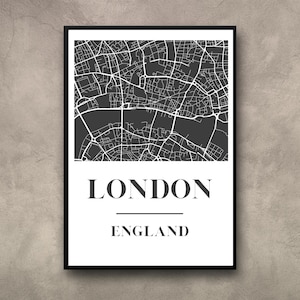 Impressão de mapa preto e branco de Londres | Arte minimalista de parede da cidade | Pôster de viagem do Reino Unido | Estética urbana | Download digital