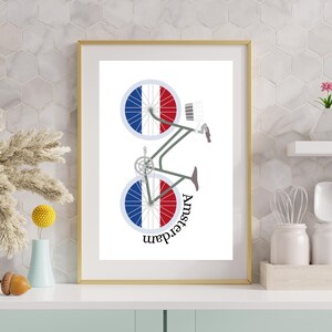 Amsterdam Bicycle Art Print – Dutch Bike Illustration with Red White Blue Wheels – Digital Wall Art for Travel Gifts and Amsterdam Lovers