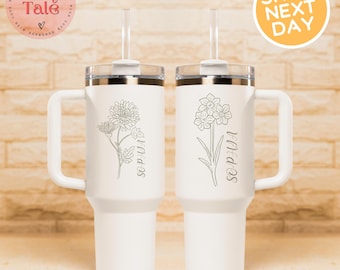 Custom Engraved Birth Flower Tumbler, Personalized 40oz Stainless Steel Cup