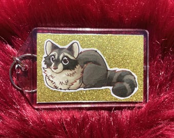 Könnte beinhalten: Ein durchsichtiger Schlüsselanhänger aus Kunststoff mit goldfarbenem Glitzerhintergrund, auf dem ein Cartoon-Waschbär mit schwarz-weißem Fell abgebildet ist. Der Waschbär liegt mit dem Kopf zur Seite gedreht.