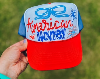 Hand-painted mesh back trucker hat - American Honey - 4th of July - custom hat - painted