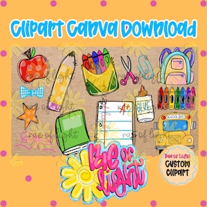 May include: A digital collection of school-themed clipart featuring a red apple, yellow pencil, crayon box, scissors, paperclip, backpack, glue bottle, school bus, notebook with an A+ grade, and a yellow flower logo labeled Rae of Light.