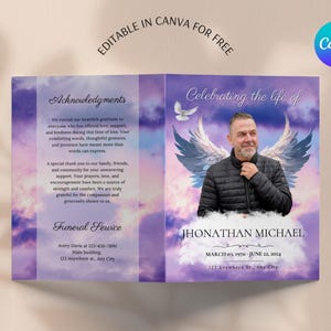 Modello di programma funebre viola Programma di celebrazione della vita Necrologio Ordine di servizio Modello Canva modificabile stampabile Download immediato