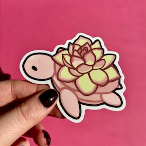 Pegatina de vinilo de tortuga suculenta - Bonita, rosa pastel, impermeable para portátil