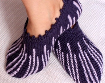 Patrón de tejido de pantuflas para adultos en PDF, zapatillas de casa de punto plano a rayas, mezcla cálida de lana merino.