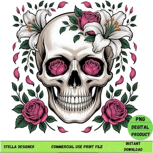Floral Skull with Roses & Lilies | Gothic Digital Art | PNG File Elegant Skull Design | Printable Gothic PNG | Gothic Tattoo Style PNG File