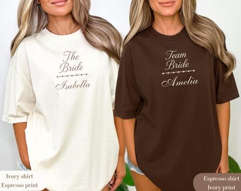 Gepersonaliseerde T-shirts voor vrijgezellenfeest: bruid en teambruid, comfortabele kleuren