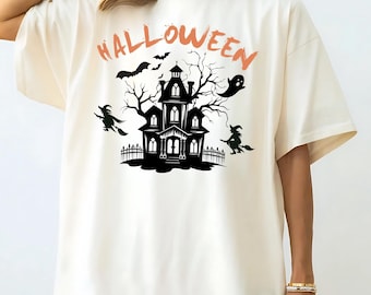 Vintage Haunted House Comfort Colors Shirt: Spooky Halloween Bats