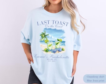 Gepersonaliseerde vrijgezellenfeestshirt: Last Toast on the Coast, aangepaste naam en locatie