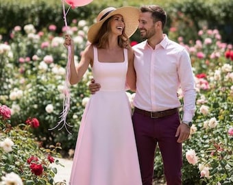 Pink Evening Gown Women : Elegant Square Neckline Dress for Summer