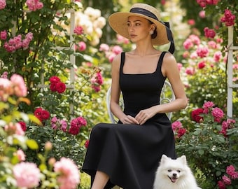 Vestido midi formal preto: silhueta elegante evasê, decote quadrado