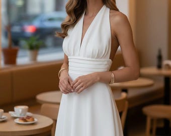 Halter Midi Wedding Dress with Layered Skirt and Open Back