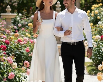 White Formal A-Line Midi Dress: Square Neck Bridal Shower Gown