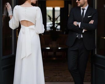 Civil wedding dress with back bow and long sleeves – romantic milky crepe midi gown for minimalist bridal moments