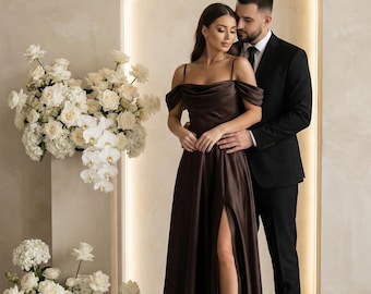 dark brown wedding guest dress Annalise Floral Formal Maxi Dress- paired with romantic dropped sleeves that rest gently on the upper arms Shop Brown Wedding Guest Dresses