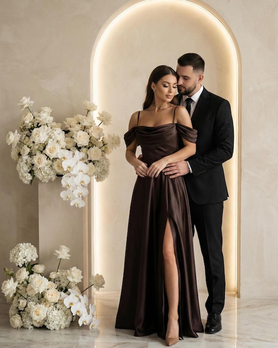 brown and black wedding guest dress dark bridesmaid gown with cold shoulder detail Bust 39 (100 cm) solid dress Bella twilight honeymoon outfit Size:2T/3T