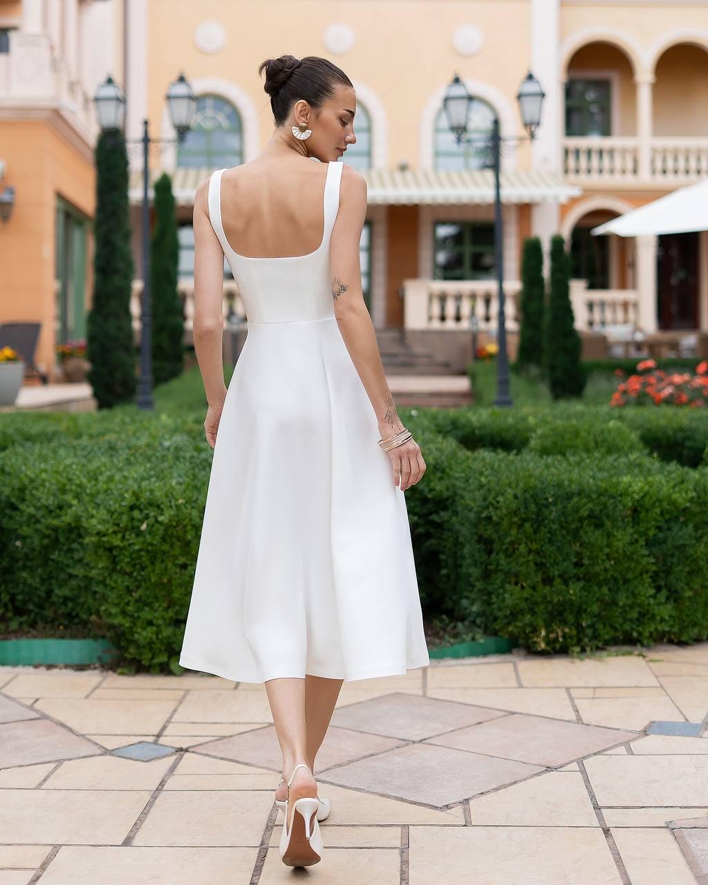 midi formal white dresses for women White Midi Dress With Long Bishop Sleeves