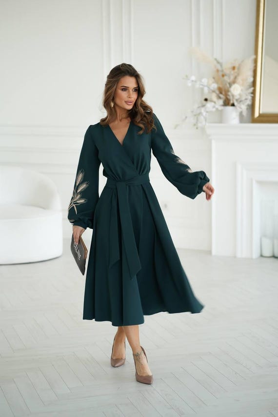 Emerald Green Wrap Midi Dress With Embroidery  Elegant Belted Long Sleeve  Dress for Women - Etsy