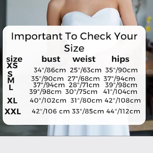 May include: A white strapless dress with a sweetheart neckline. A chart with size measurements in inches and centimeters is displayed, including bust, waist, and hip sizes for XS, S, M, L, XL, and XXL.