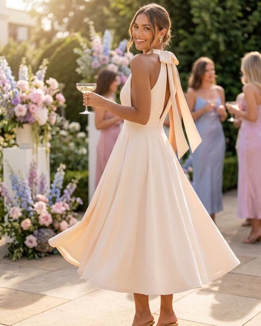 cream cocktail dress for wedding White Bridal Shower Midi Dress, Elegant High Neck, Flared Gown Bride, Civil Color:Cream Botanical easy sewing patterns for beginners Cotton Linen Dresses for Beige dress 6% Elastane) Worn length