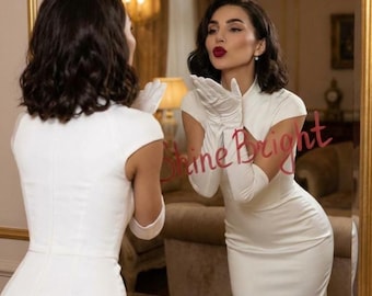White dress with structured collar and front cutout – elegant fitted bridal gown in mango satin for civil ceremony or formal event