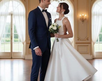 Ivory wedding dress halter neck midi gown with open back bow detail in premium crepe fabric