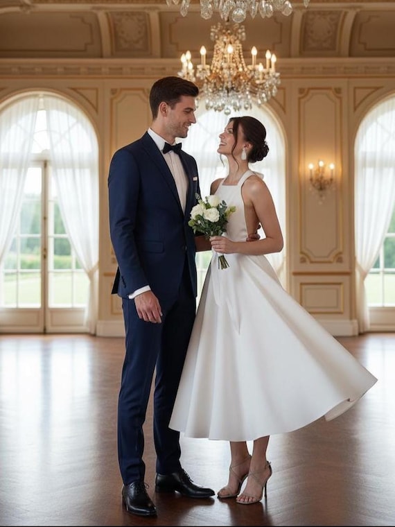 Ivory Wedding Dress Halter Neck Midi Gown With Open Back Bow Detail in  Premium Crepe Fabric - Etsy Australia