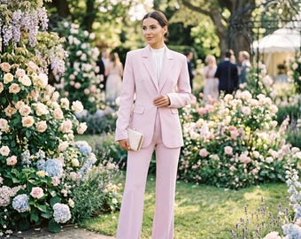 Costume d'invité de mariage rose poudré, tailleur-pantalon de cérémonie pastel pour femme, ensemble élégant de blazer rose poudré, tenue pour événement printanier