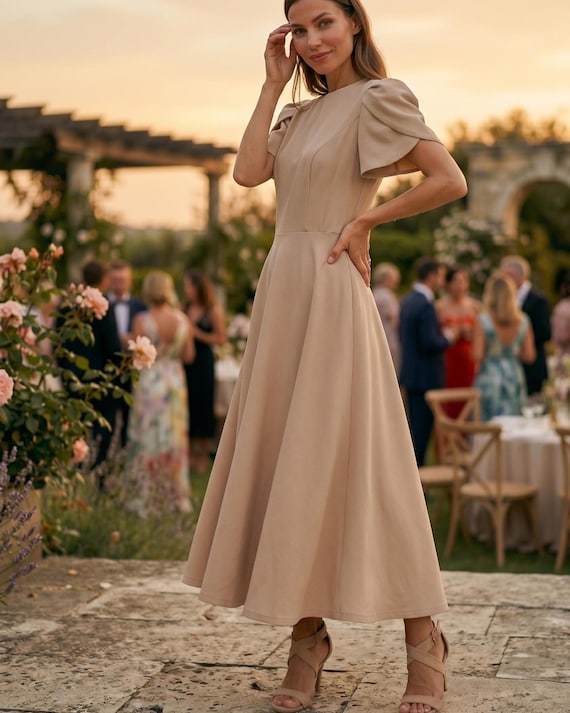 Buy Taupe Puff Sleeve Midi Dress for Wedding Guest, Elegant Champagne A-line Gown, Rehearsal Dinner & Garden Party Attire 2026 Online in India