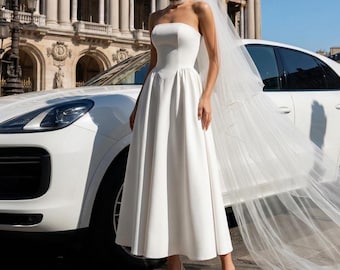 Milk White Strapless Midi Dress with Corset Top, Elegant Crepe Cocktail Dress for Weddings
