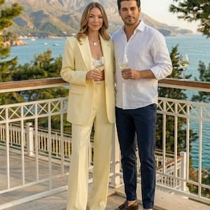 Traje amarillo para invitada de boda, elegante conjunto de dos piezas de crepé, traje de mujer color limón con pantalones de pierna ancha.