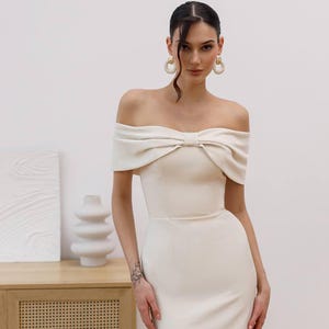 Midi dress with off shoulder neckline and thick corset base – elegant cream bridal outfit for civil wedding or formal events
