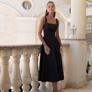 Black Formal Midi Dress: Elegant Flared Silhouette, Square Neckline