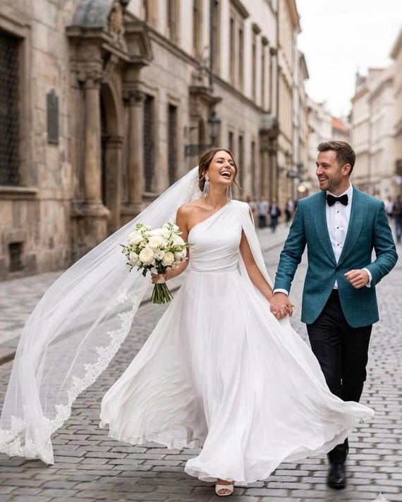 One Shoulder Elopement White Chiffon Maxi Gown, Wedding Dress for Civil Ceremony, Elegant Elopement Outfit, Courthouse Wedding Dress Maxi