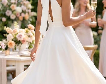 White Bridal Shower Midi Dress, Elegant High Neck, Flared Cocktail Gown for Bride, Civil Wedding Dress