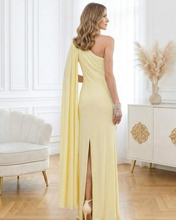 lemon backless dress Yellow tea party dress, minimalist floor length gown in lemon, formal for special events Cowl neck