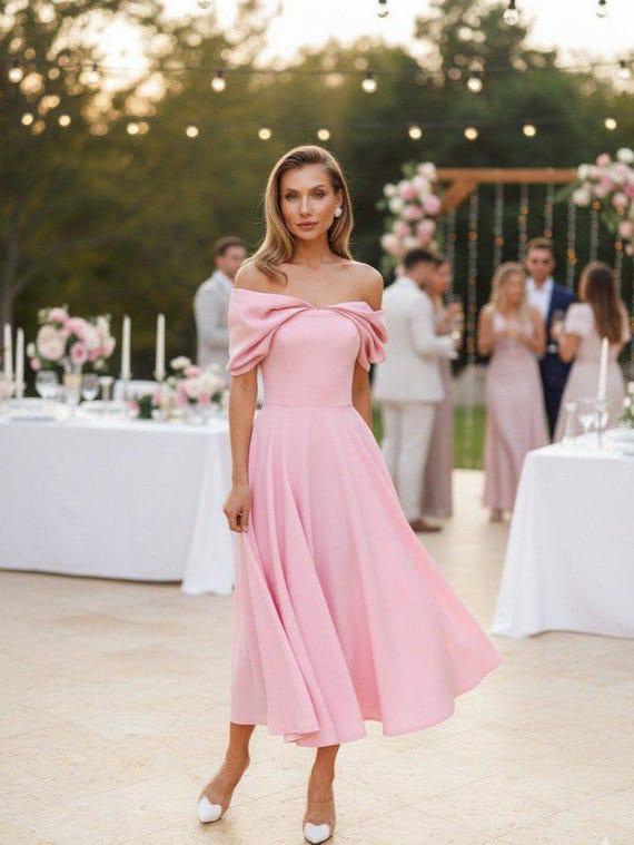 light pink off the shoulder dress Jacquard Dress-Pink line midi skirt that moves gracefully with every step Blushing Pink Off The Shoulder
