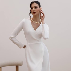 White wrap midi dress with long sleeves and waist tie – elegant minimalist dress for formal events, bridal showers or special occasions