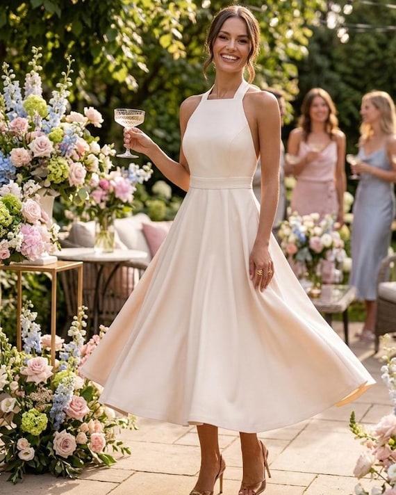 bridal shower midi dress for bride ZAPAKA Women White Lace Courthouse Wedding Dress Bateau Neck A Line Tulle Midi Rehearsal Dinner Dress, White / UK24